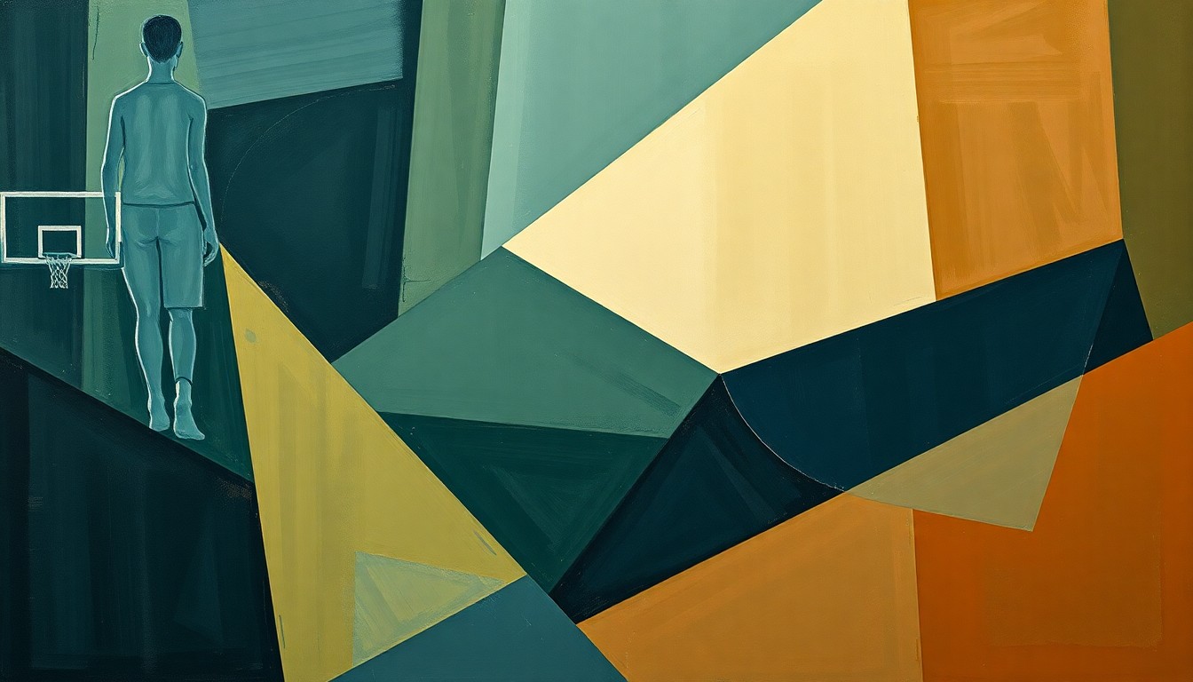 A cubist, geometric painting depicting a fragmented, multi-angled view of a college basketball game, with sharp planes of color representing the chaotic action on the court.