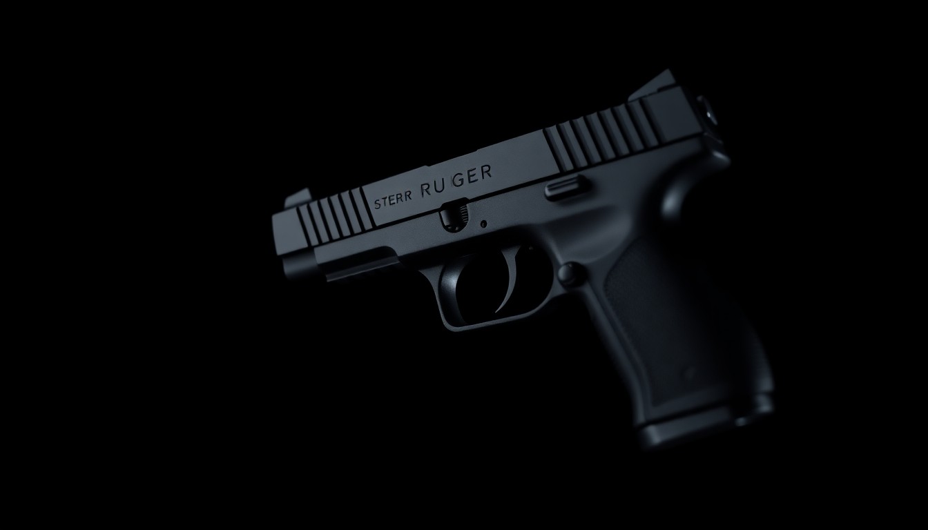 An extreme close-up photograph of a black semiautomatic handgun, the sole focus of the image against a stark black background, conveying the serious, investigative nature of the crime.