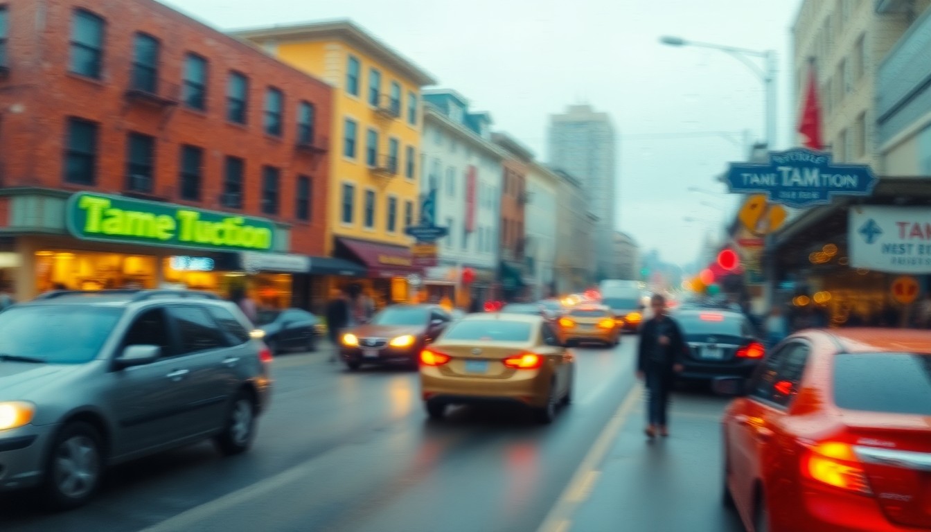 An extremely blurred and abstracted street scene with indistinct shapes of cars, pedestrians, and buildings in warm, earthy tones, conceptually representing the complex issues facing the Tam Junction neighborhood.