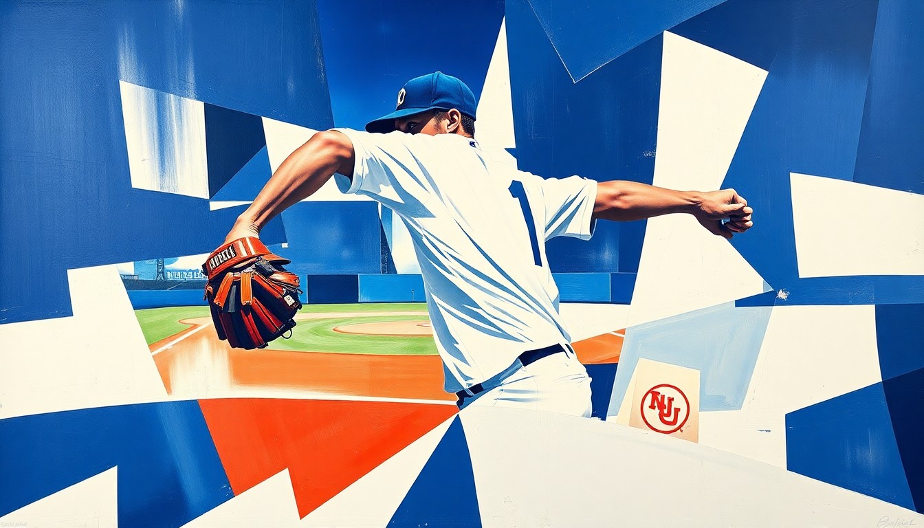 A fragmented, geometric painting depicting a baseball pitcher's motion, with sharp planes of navy blue, royal blue, and white representing the dynamic action of the sport.