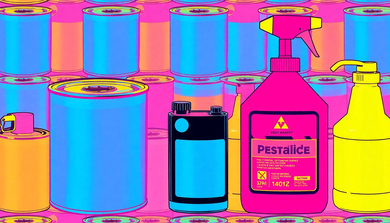 A grid of brightly colored, high-contrast silkscreen prints of common household hazardous waste items like paint cans, batteries, and pesticide bottles, rendered in a bold, pop art style.