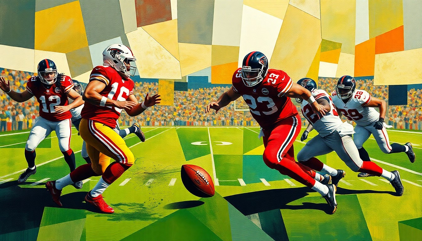 A fragmented, geometric painting depicting an American football game in progress, with the players' forms broken down into overlapping planes of color and shape, creating a dynamic, abstract composition.