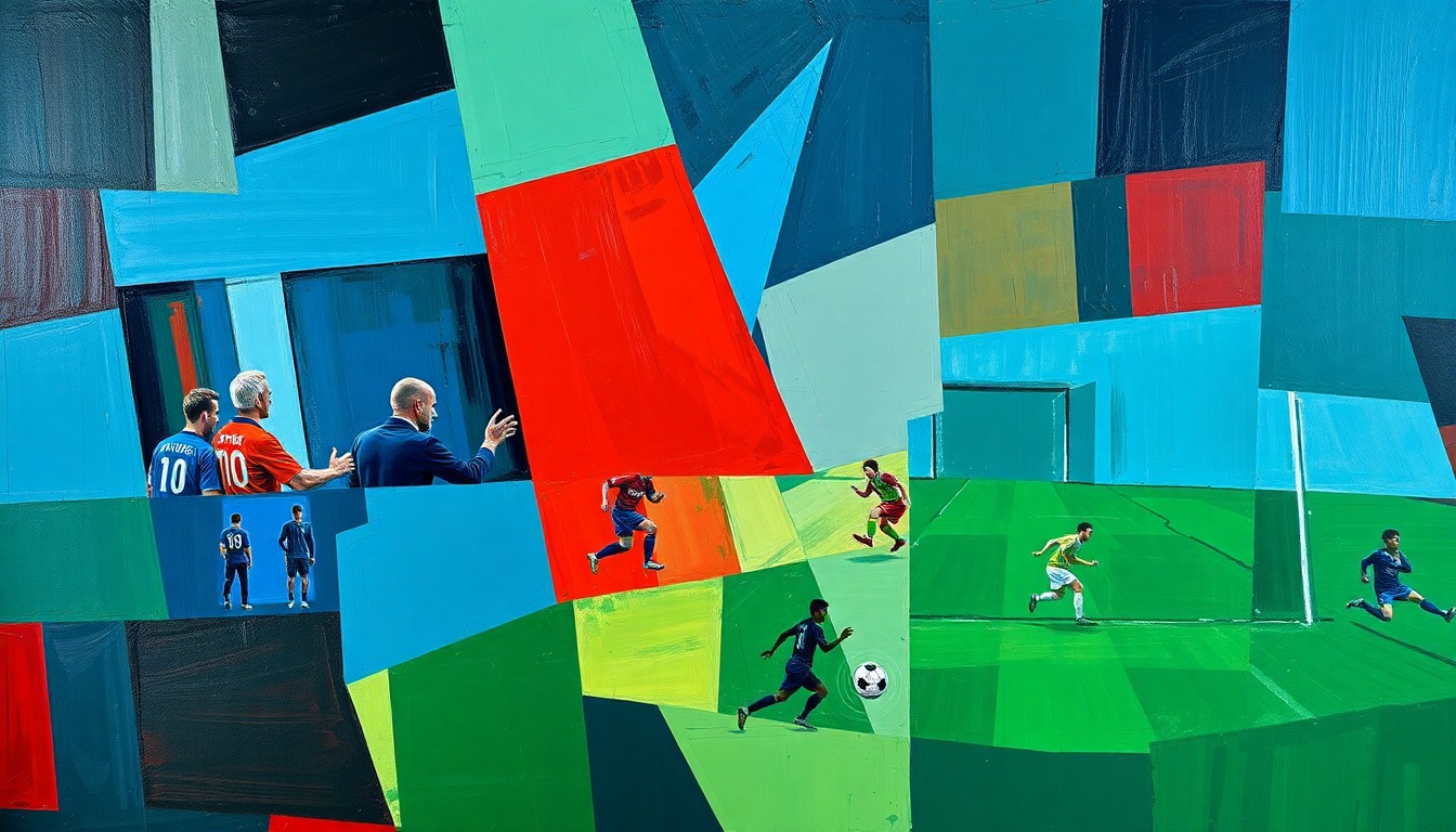 A fragmented, geometric painting depicting a football player in motion, with sharp planes of blue, green, and red creating a sense of dynamism and multiple perspectives.