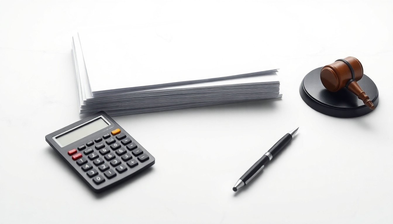 A photorealistic studio still life featuring a stack of legal documents, a calculator, and a pen on a clean white background, symbolizing the abstract concepts of corporate strategy, finance, and legal risk.