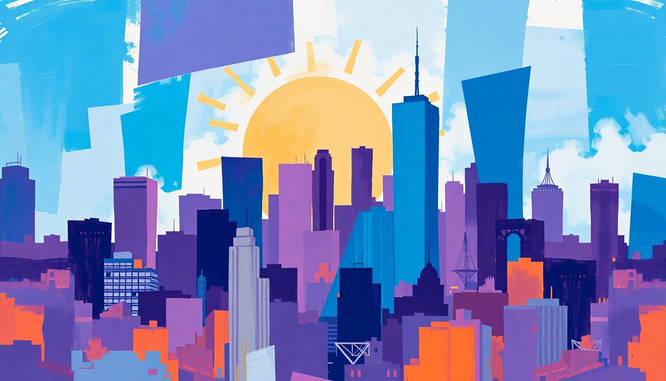 A vibrant, fragmented painting of an urban skyline in shades of blue, purple, and orange, with overlapping geometric shapes and lines conveying the dynamic, unsettled nature of the Los Angeles mayoral election.