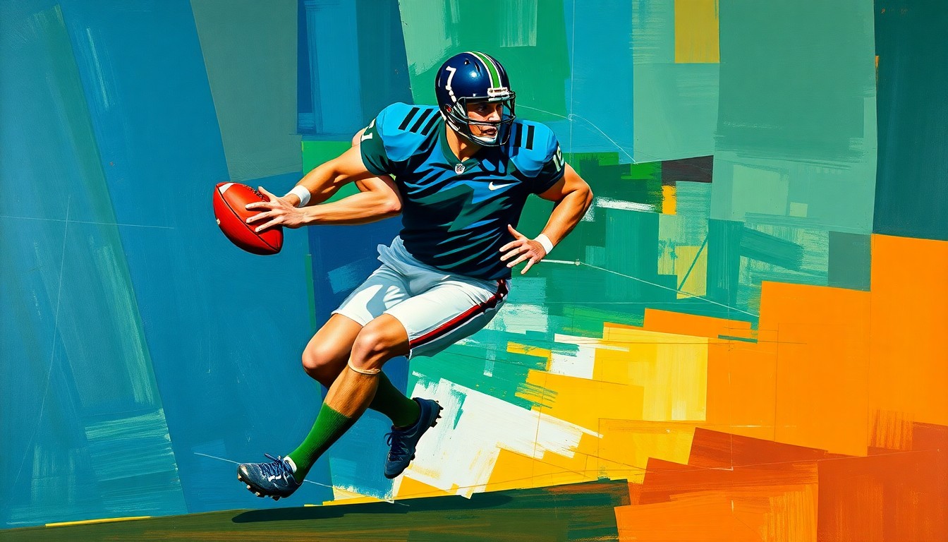 A fragmented, geometric painting depicting a football player in motion, with sharp planes of color and overlapping perspectives conveying the raw athleticism of the linebacker position.