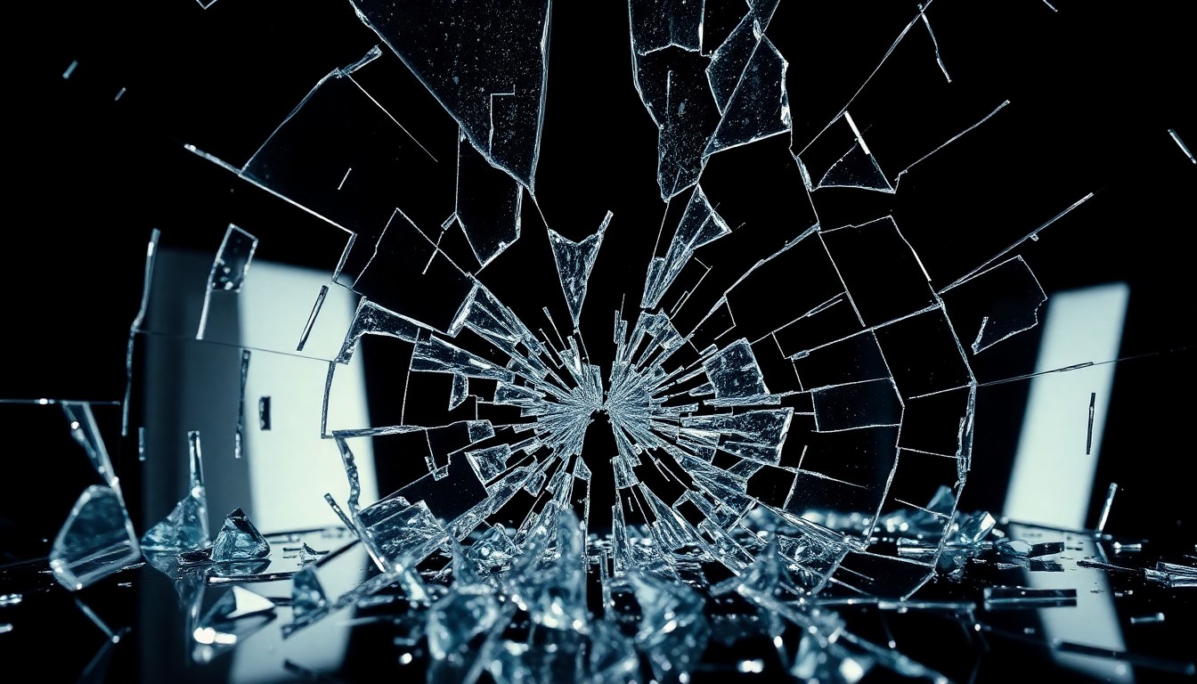 An abstract close-up image of shattered glass and cracked mirrors, capturing the emotional turmoil and fractured nature of the central relationship in the film 'The Drama.'