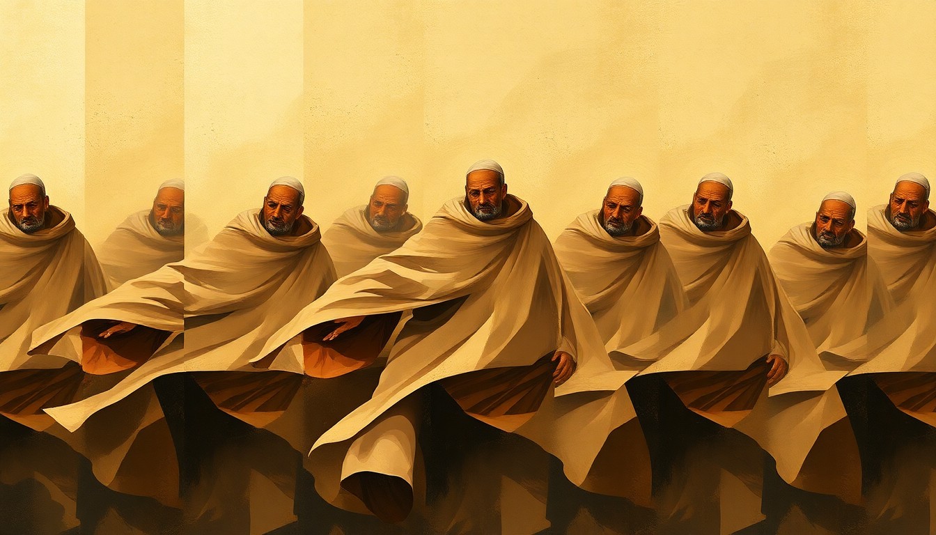 A fractured, abstract painting of a robed figure in motion, repeated in overlapping geometric shapes and waves of muted earth tones, conveying a sense of political and spiritual tension.