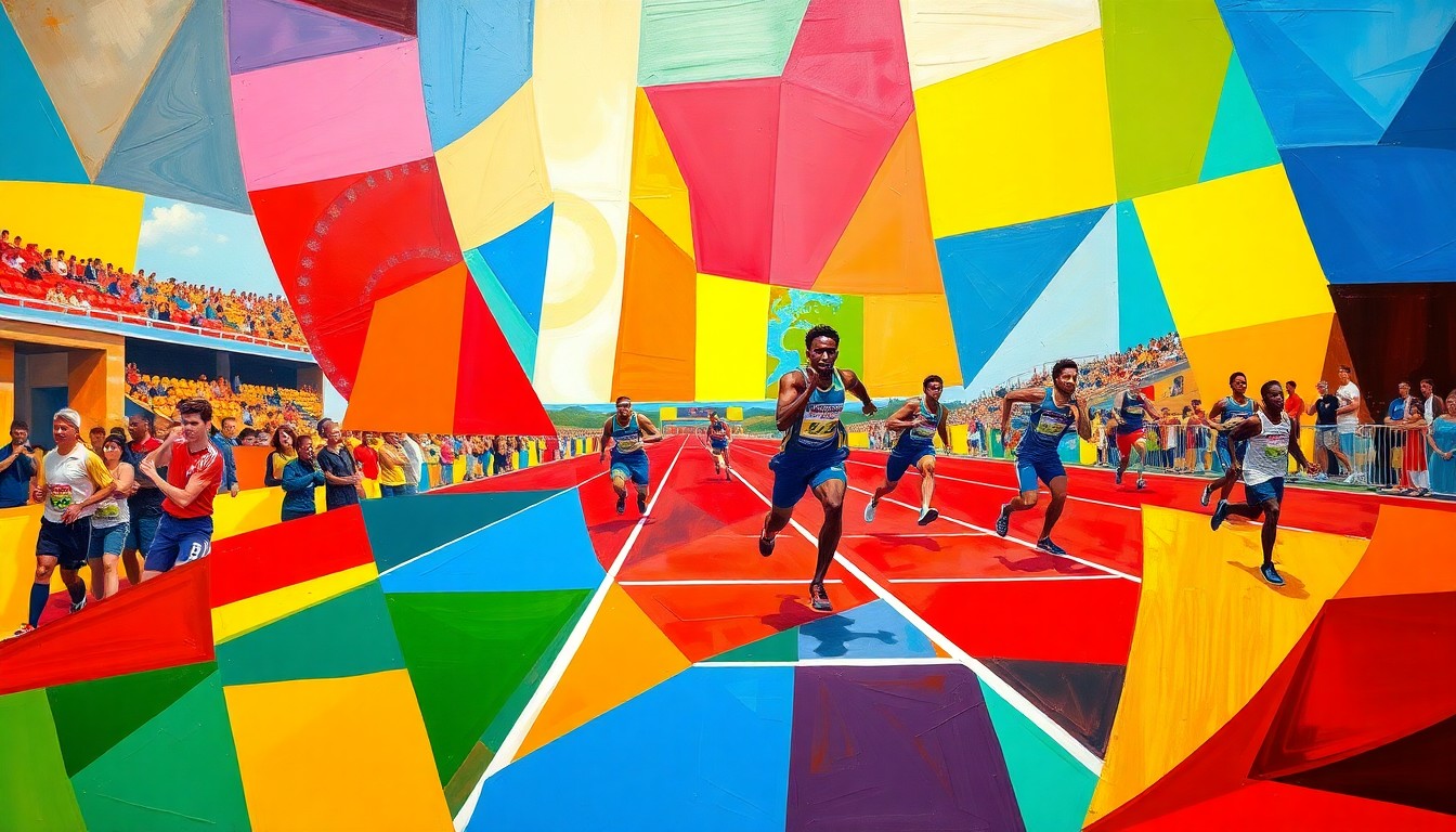 A cubist-style painting depicting a fragmented, geometric interpretation of a Special Olympics track and field competition, with overlapping planes of bright red, blue, and yellow shapes representing the dynamic movements and energy of the athletes.