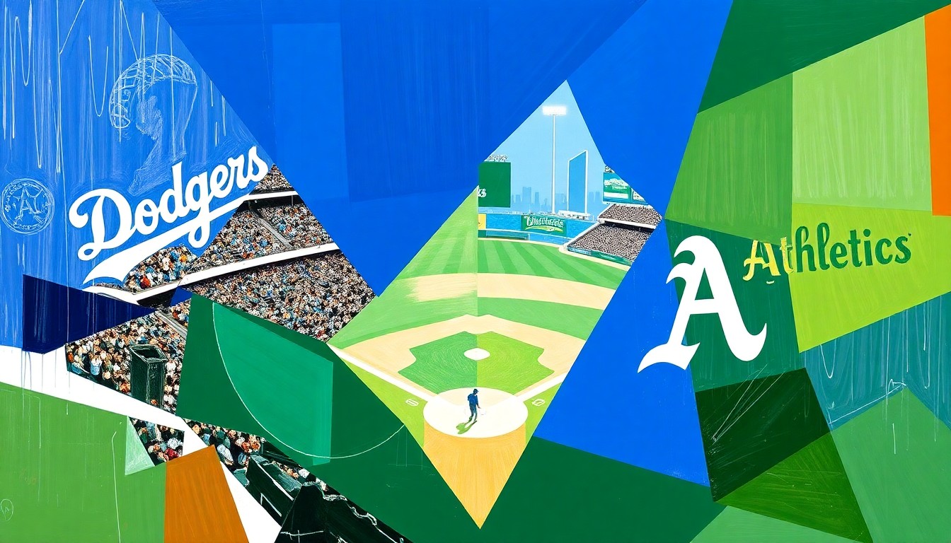 A cubist, geometric painting depicting a baseball game or match, with the players and field broken down into overlapping planes of Dodger blue, Athletics green, and white, conveying the unique coincidences between the two players named Max Muncy.