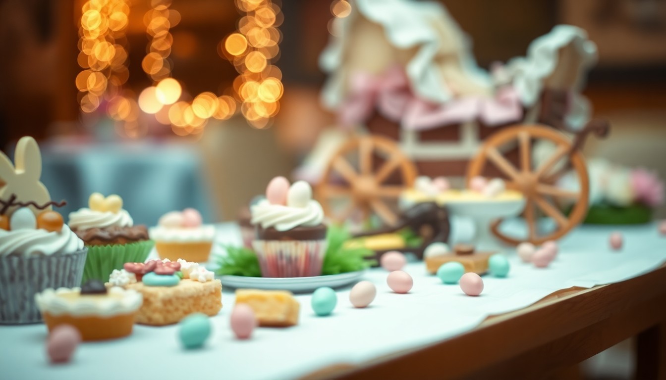 A hazy, impressionistic photograph of an array of colorful Easter-themed desserts, including cupcakes, tarts, and bonbons, with a blurred chocolate wagon in the background, conveying a sense of warmth and nostalgia.