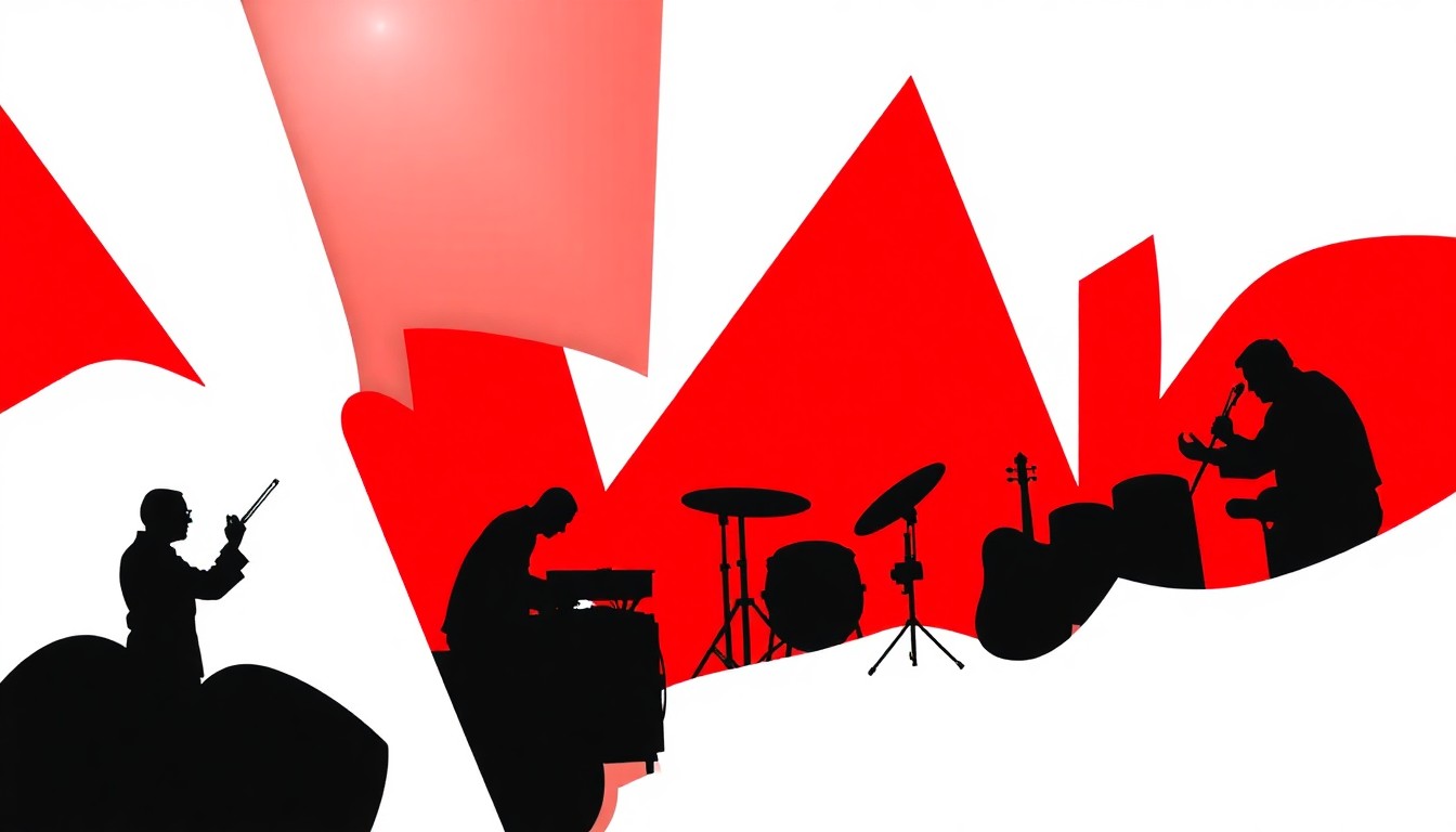 A striking abstract composition of jagged red and white geometric shapes, conceptually representing the fusion of diverse musical genres and styles featured in the classical music events across Cleveland this weekend.