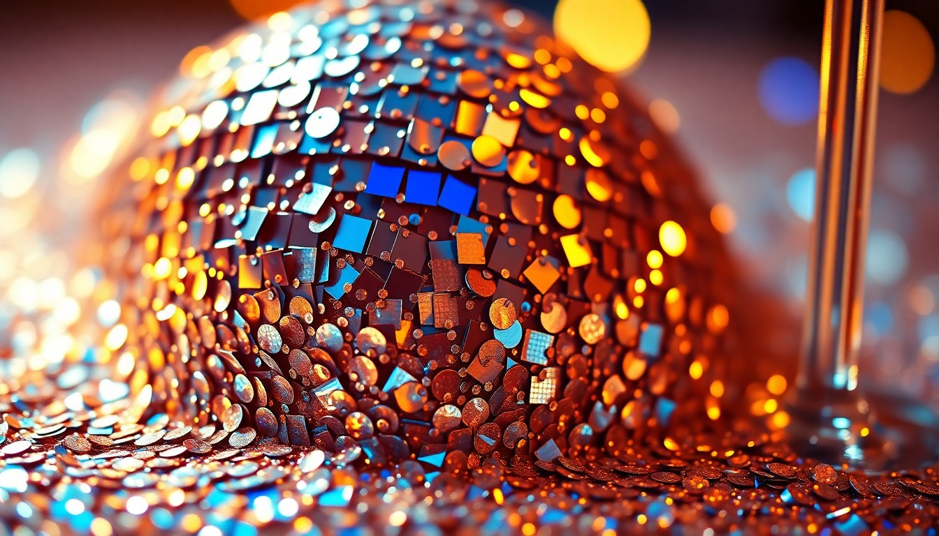 An extreme close-up photograph of glittering sequins and shattered disco glass, capturing the glamorous and high-energy aesthetic of a country music video.