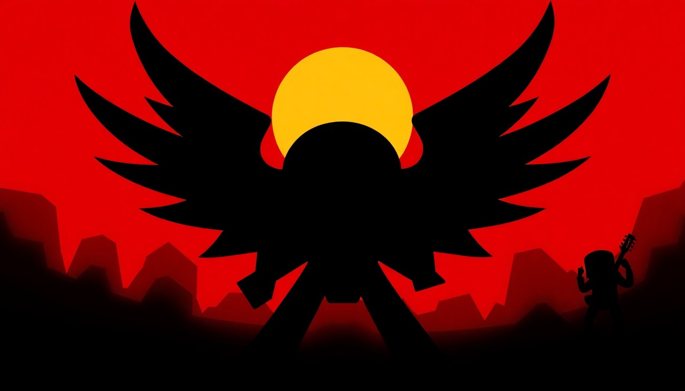 A bold, abstract illustration in the style of Saul Bass, featuring a jagged, black silhouette of a guitar shape against a vibrant red background, conceptually representing the high-energy heavy metal music and festival atmosphere of the Monsters of Rock Cruise 2026.