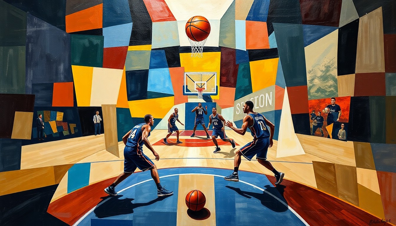 A cubist, geometric painting depicting a fragmented basketball game, with the players' forms broken down into abstract shapes and planes of color, reflecting the unconventional path Paul George has taken to find his rhythm this season.
