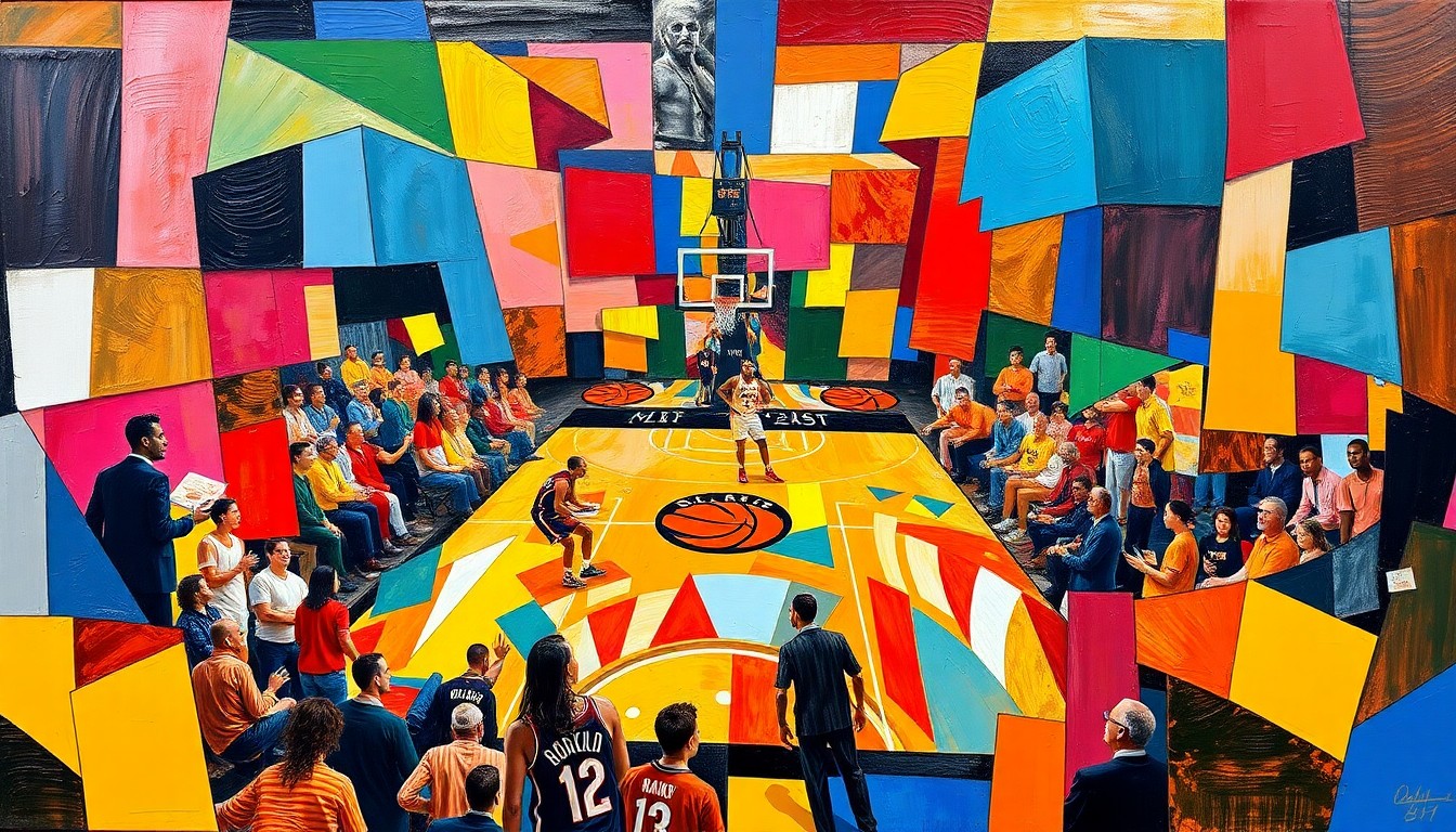 A fragmented, cubist-style painting depicting the action of a fast-paced basketball game, with the players and court broken down into sharp, overlapping geometric shapes and planes of vibrant colors.