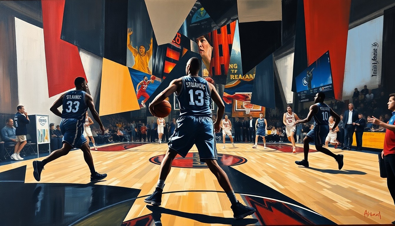 A cubist, geometric painting depicting the movements and actions of a basketball player on the court, with the player's silhouette and jersey number visible amidst the fragmented shapes and planes, capturing the raw energy and intensity of the Final Four.
