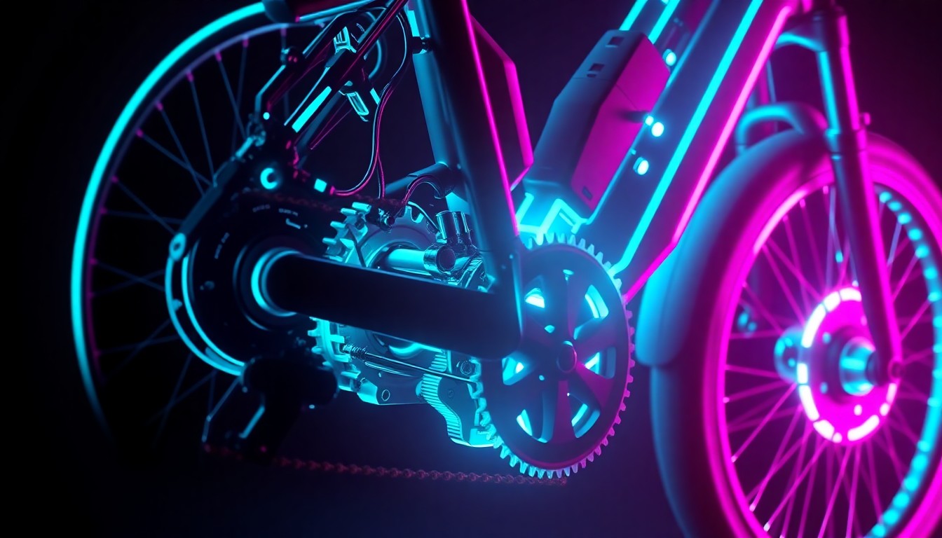 A highly detailed, glowing 3D illustration of the internal components of the Rivian ALSO TM-B e-bike, including the motor, drivetrain, and sensors, conceptually representing the advanced technology powering this innovative pedal-by-wire system.