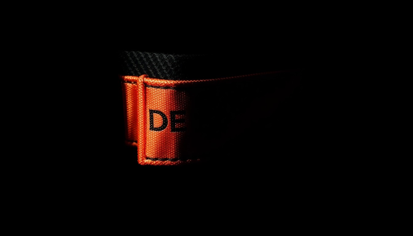 An extreme close-up photograph of a designer clothing zipper pull, lit by a harsh, direct camera flash against a pitch-black background, conveying a stark, gritty, investigative aesthetic.