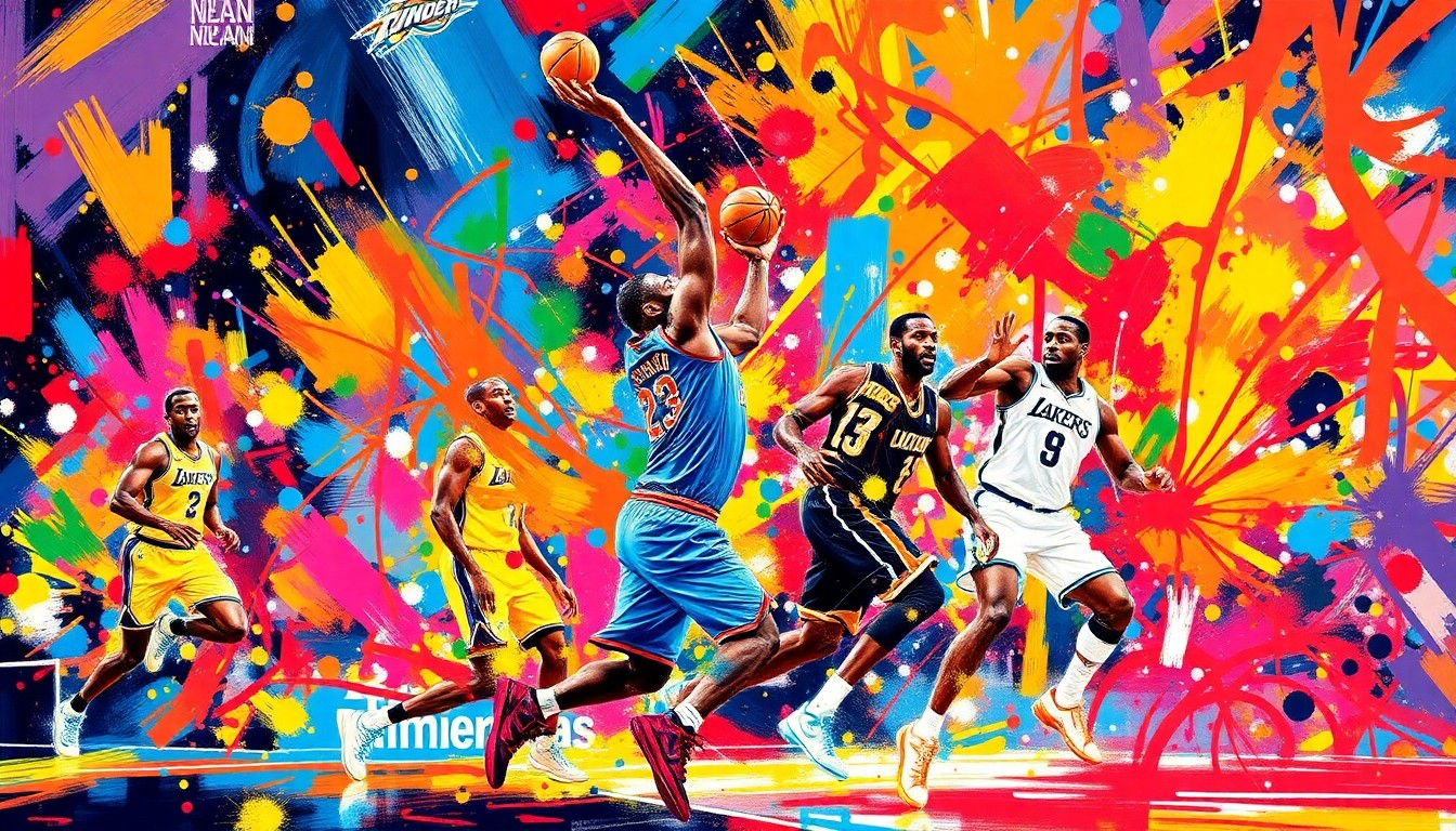An abstract expressionist painting in vibrant neon colors, with dynamic brushstrokes and fragmented basketball player forms, capturing the raw energy and intensity of the Thunder's blowout victory over the Lakers.