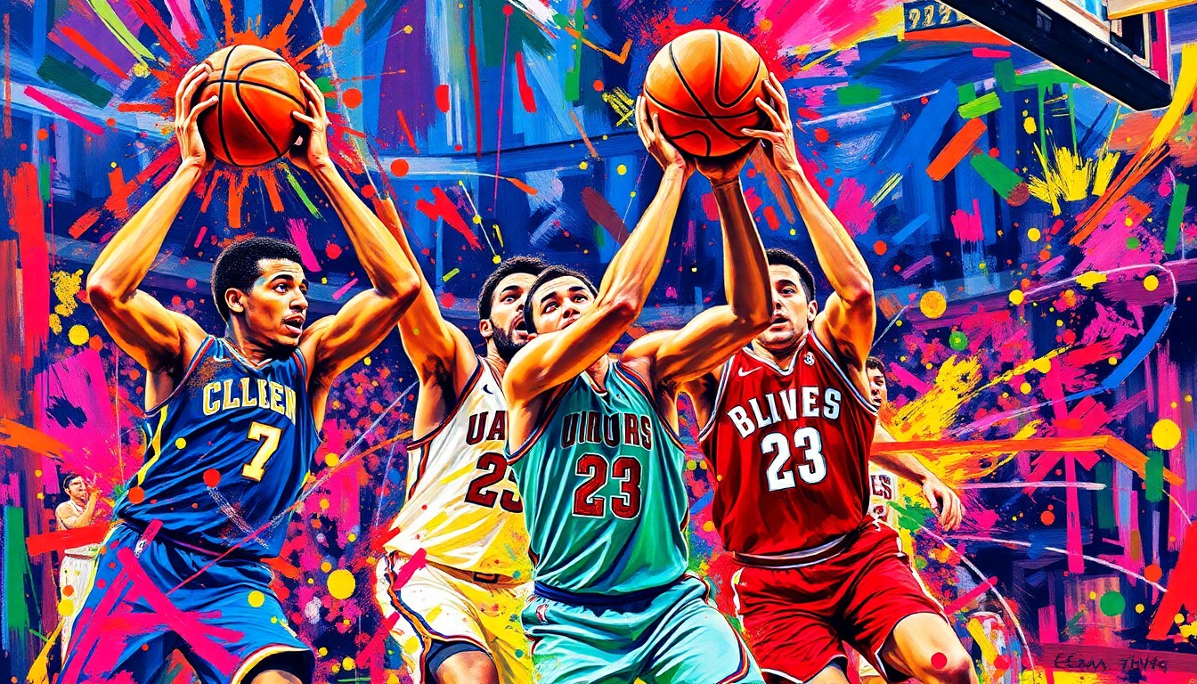 An abstract expressionist painting in vibrant neon colors, with rapid brushstrokes conveying the intense energy and movement of a college basketball game, the players' forms dissolving into unrecognizable shapes and splatters.