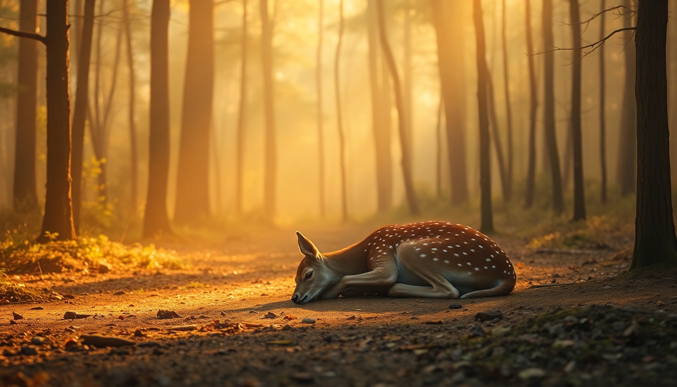 An extremely abstracted, out-of-focus photograph in soft pools of golden light and earthy greens, depicting a single, sleeping fawn curled up on the forest floor, conveying the natural tranquility of fawn season.