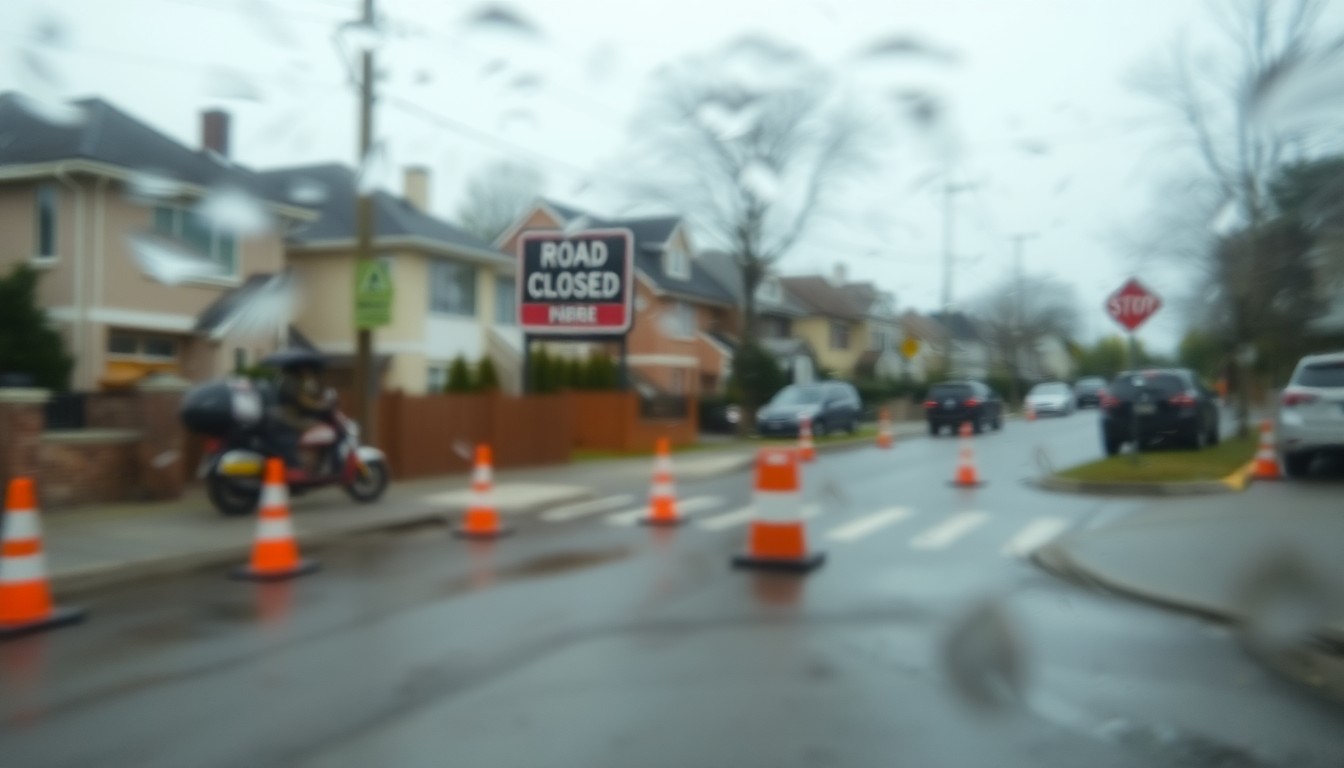 An abstract, impressionistic photograph showing a blurred, out-of-focus street scene with faint construction cones and signage, conveying the sense of a neighborhood disrupted by ongoing work.