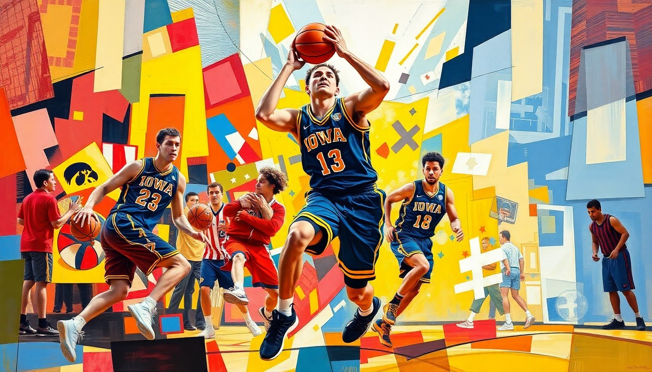 A cubist, geometric painting depicting the dynamic movements and energy of a basketball player, with overlapping planes of color representing the University of Iowa and Storm Lake High School uniforms.