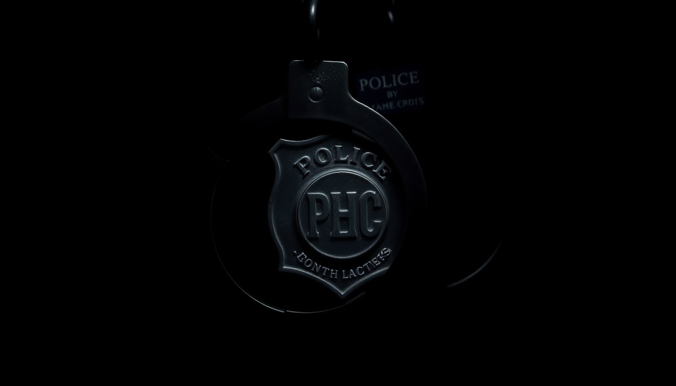 An extreme close-up photograph of a police badge or handcuffs against a pitch-black background, lit by a harsh, direct camera flash to create a stark, gritty, investigative aesthetic.