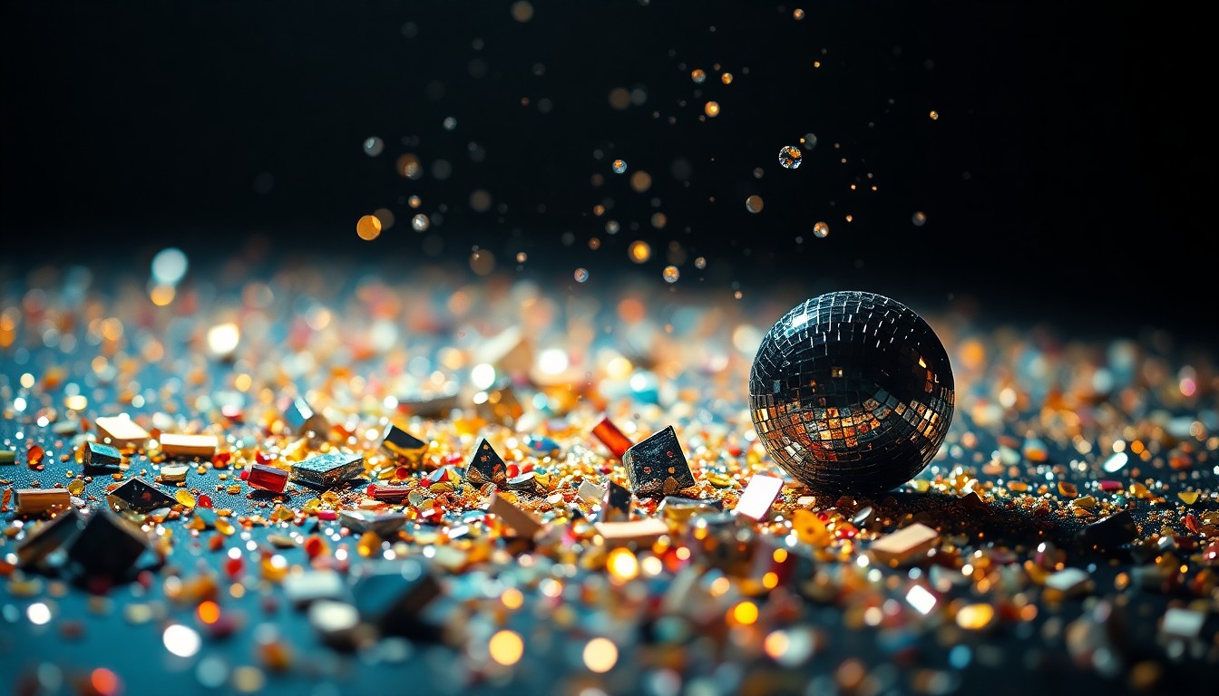 An extreme close-up photograph of glittering sequins and shattered disco glass, captured in high-contrast studio lighting to create a glamorous, high-fashion aesthetic that conceptually represents the energy and artistry of a legendary musician's surprise performance.