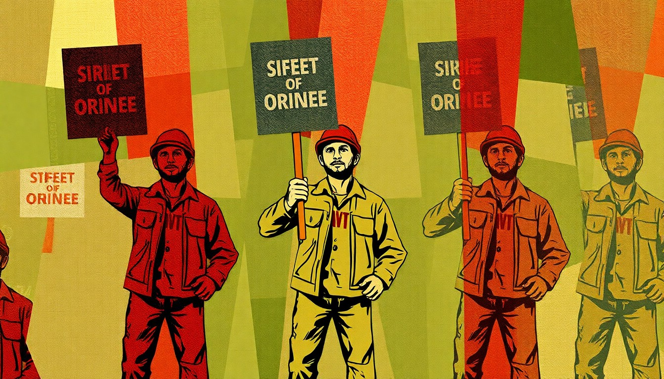 A conceptual illustration featuring a fractured, geometric painting of a striking worker holding a picket sign, repeated in overlapping waves of earthy green, rust red, and charcoal grey, conveying the tension and energy of labor disputes.