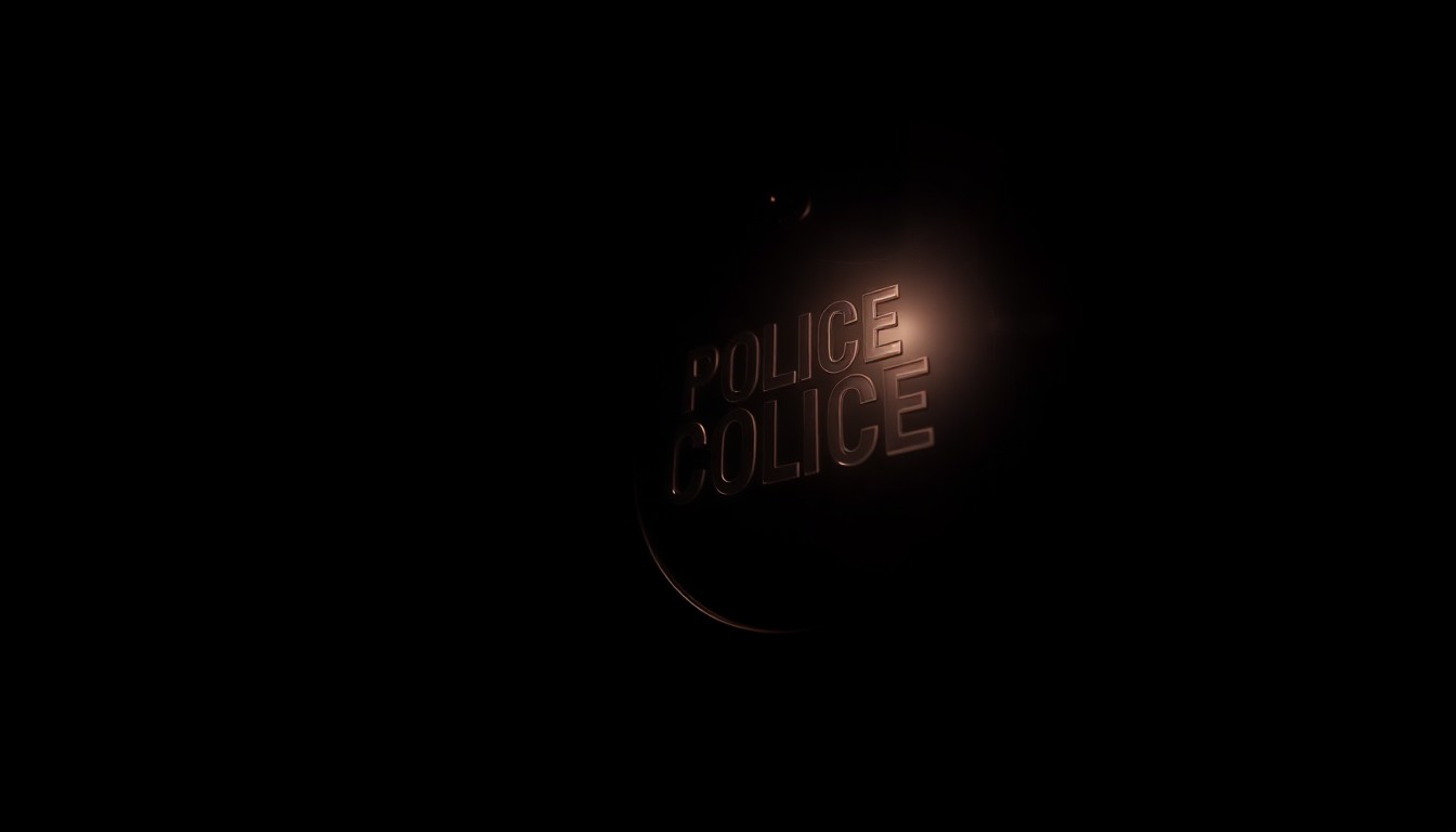 An extreme close-up photograph of a police badge or handcuff key, lit by a harsh, direct camera flash against a pitch-black background, creating a stark, gritty, investigative aesthetic that conceptually represents the serious nature of an attack on a law enforcement officer.