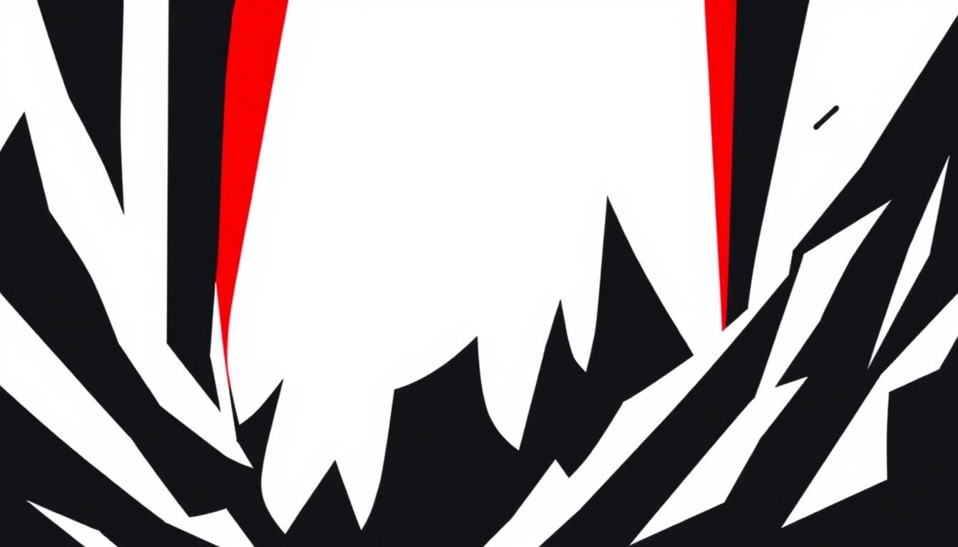An abstract, minimalist illustration featuring sharp, angular shapes in black, white, and red, conveying a sense of conflict and tension without depicting any specific people, places, or objects.