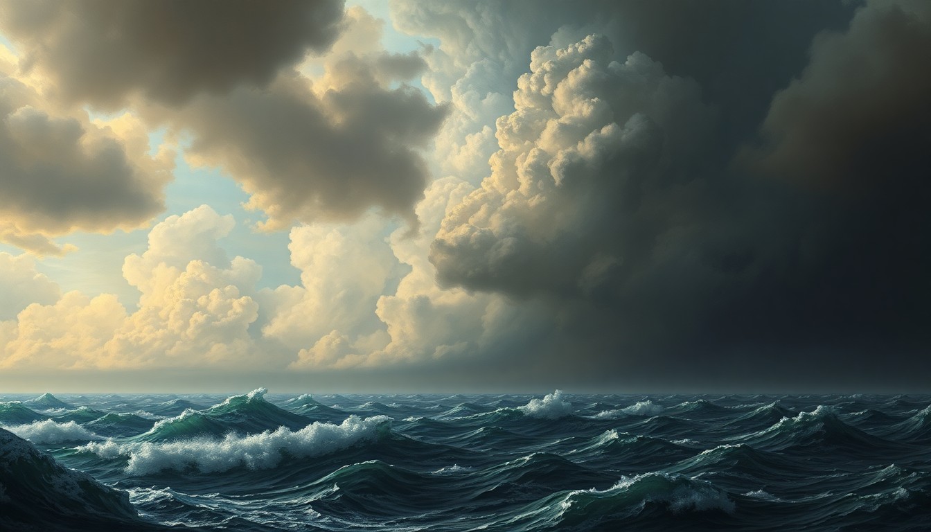 A sweeping, atmospheric landscape painting in muted tones of grey, blue, and green, capturing the overwhelming scale and drama of a stormy ocean under a turbulent sky, with any physical structures or objects barely visible in the distance.
