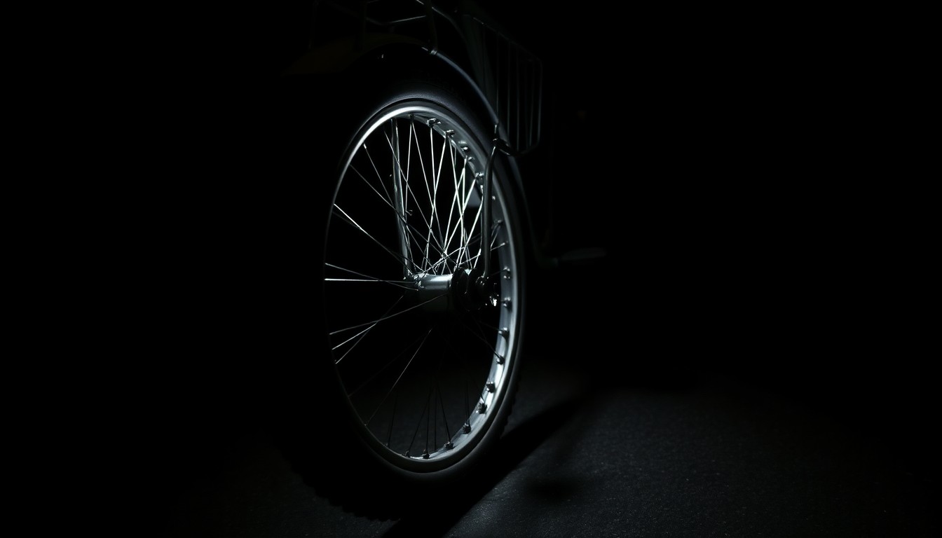 An extreme close-up photograph of a damaged tricycle wheel and frame, conveying the gritty aftermath of a serious traffic incident.
