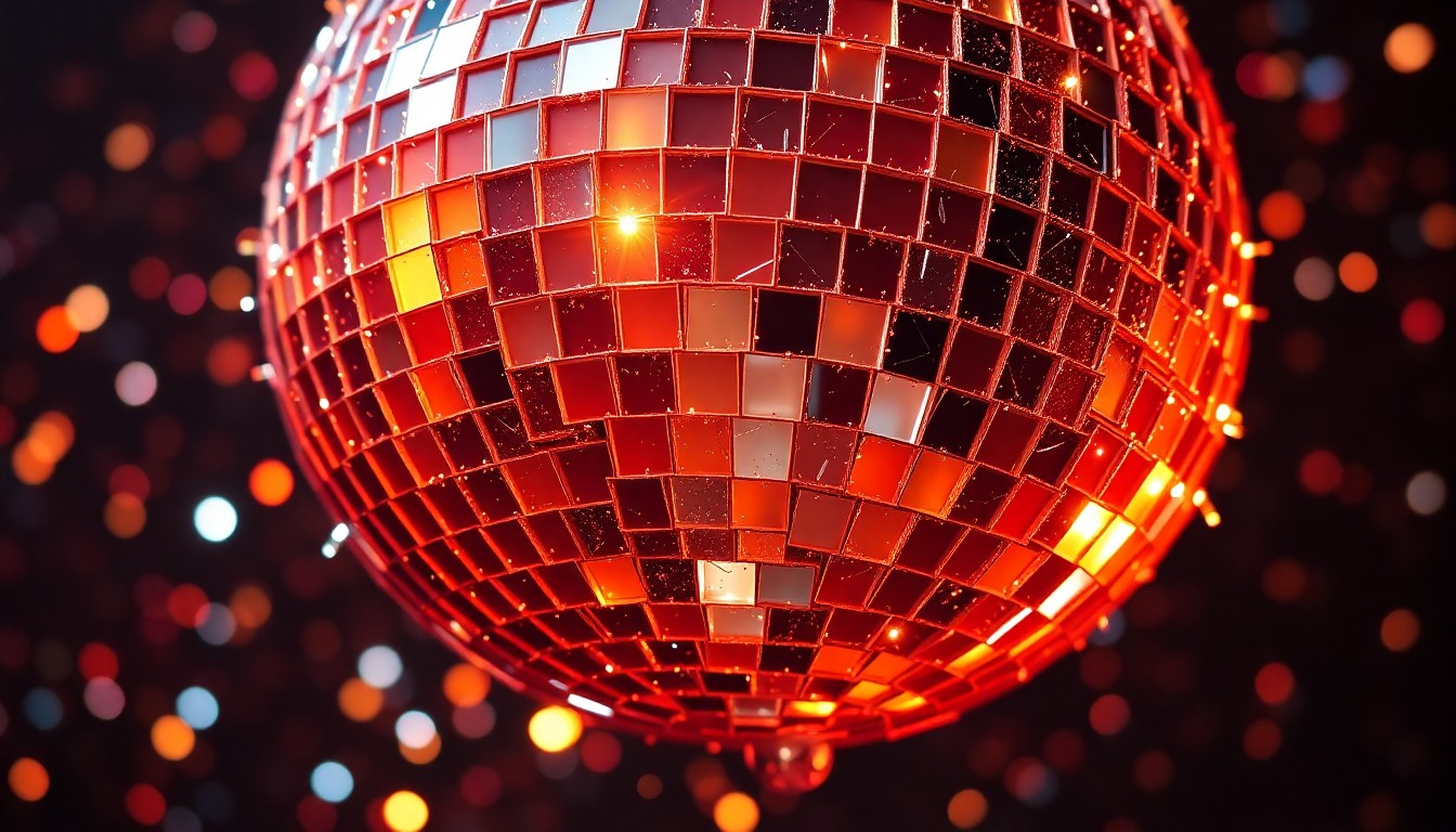 An abstract close-up photograph of shattered disco ball fragments reflecting dramatic, high-contrast studio lighting, conceptually representing the high-energy dance collaboration between two music industry titans.