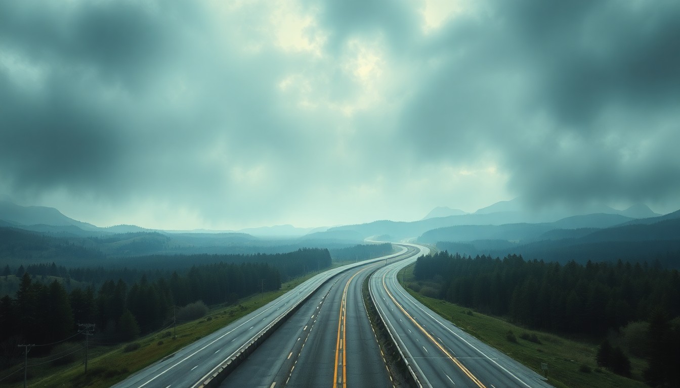 A sweeping, atmospheric landscape painting depicting the I-95 highway cutting through a hazy, dramatic scene, with the highway dwarfed by the overwhelming scale and power of the natural environment.