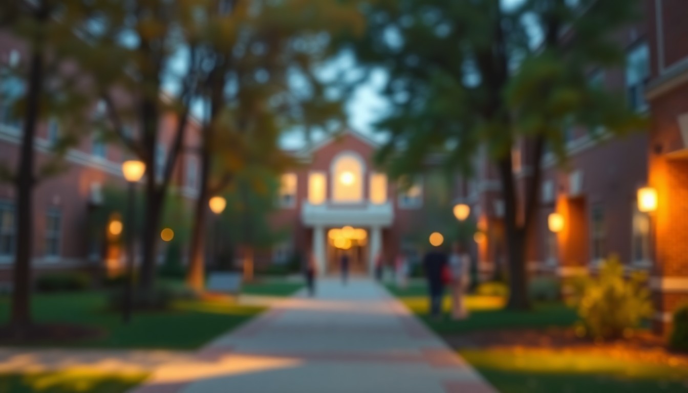 A dreamlike, impressionistic scene of a college campus, with blurred buildings and trees in soft, warm tones, conveying a sense of community and personal growth through education.