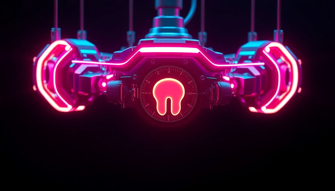 A highly detailed, glowing 3D illustration of a futuristic dental imaging device, with intricate cybernetic components illuminated by neon cyan and magenta lights, suspended against a dark, moody background, conceptually representing the advanced technology transforming the dental industry.
