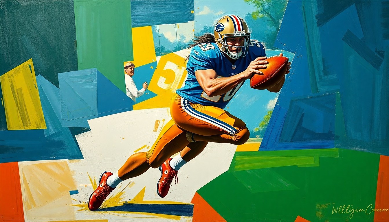 A cubist, geometric painting depicting the fragmented motion of a football player running a route and catching a pass, with sharp planes of color representing the dynamic action.