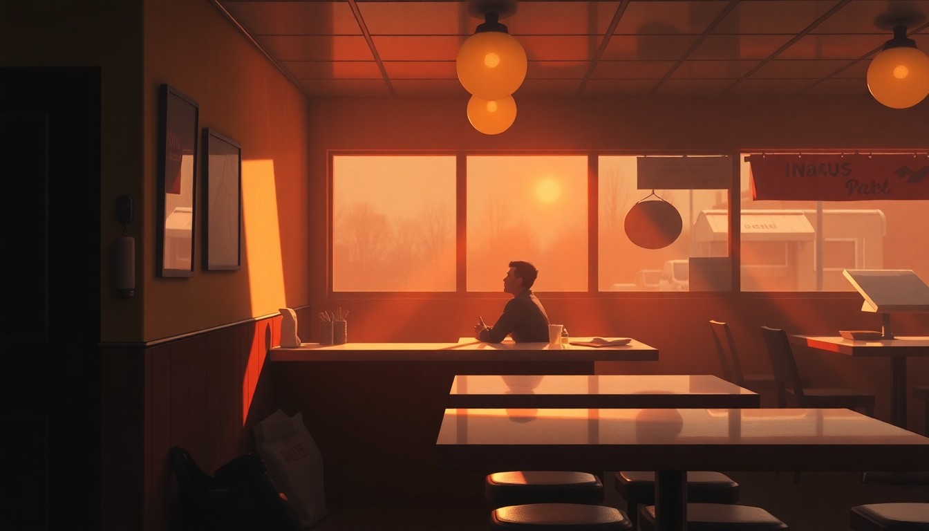 A photorealistic painting of a lone worker sitting at a diner counter, the warm light and deep shadows creating a contemplative, cinematic mood that reflects the economic challenges facing low-wage earners.