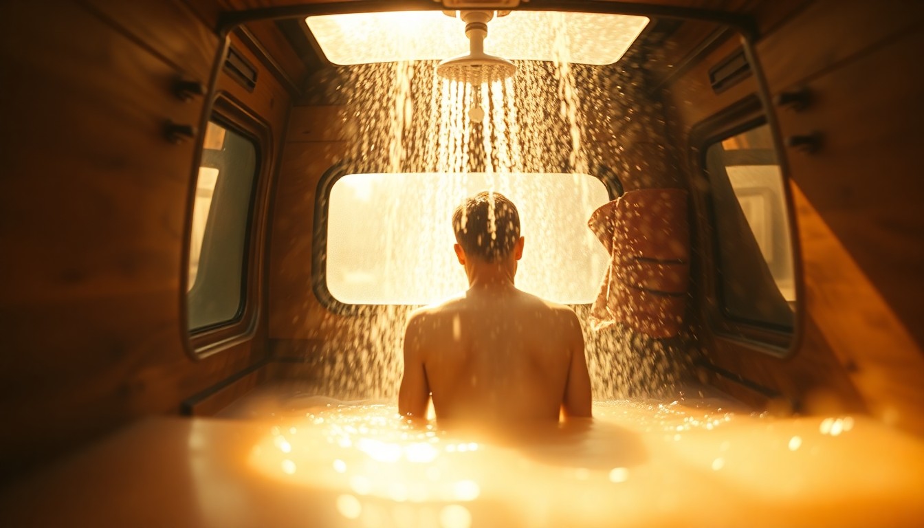 An out-of-focus photograph of a person showering in the back of a truck, with the surrounding environment blurred into abstract shapes and colors, conceptually representing the dignity and comfort provided by the mobile shower unit.