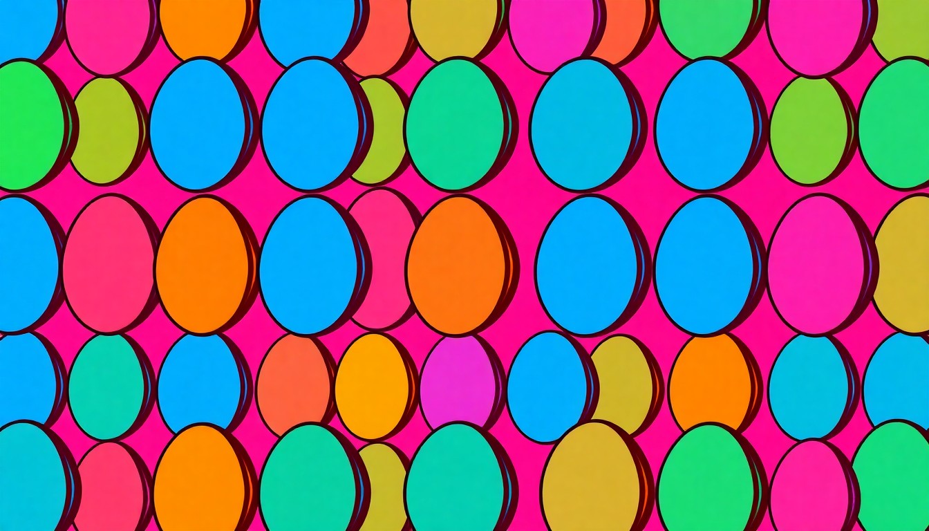 A bold, graphic silkscreen print featuring a repeating pattern of colorful Easter eggs in neon shades of pink, green, and blue, with heavy black outlines, conceptually representing the festive energy of Dallas' Easter events.