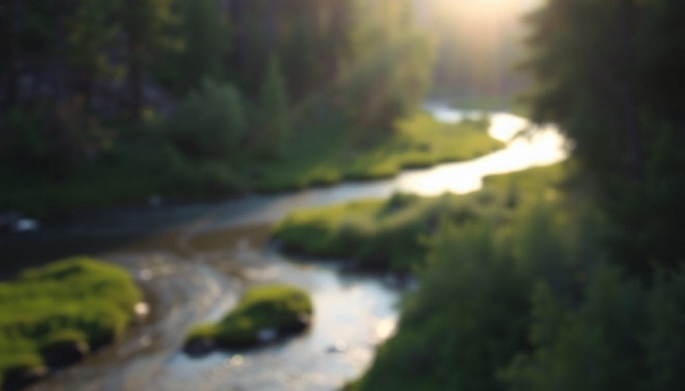An abstract, out-of-focus photograph of a winding river surrounded by verdant foliage, conveying the tranquil essence of Berthoud's natural landscapes.