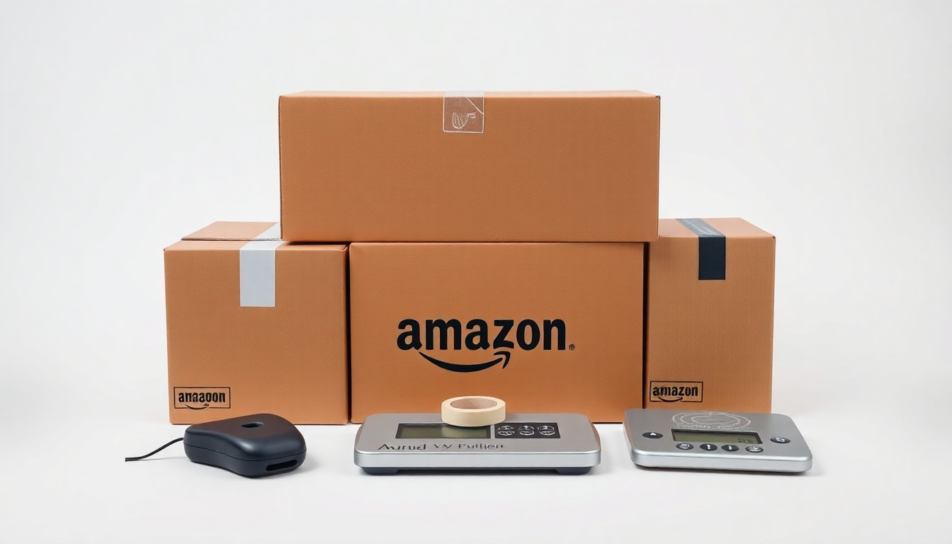 A minimalist, photorealistic studio still life featuring a stack of cardboard shipping boxes, a tape dispenser, and a digital scale, symbolizing the logistical challenges faced by Amazon and its sellers.