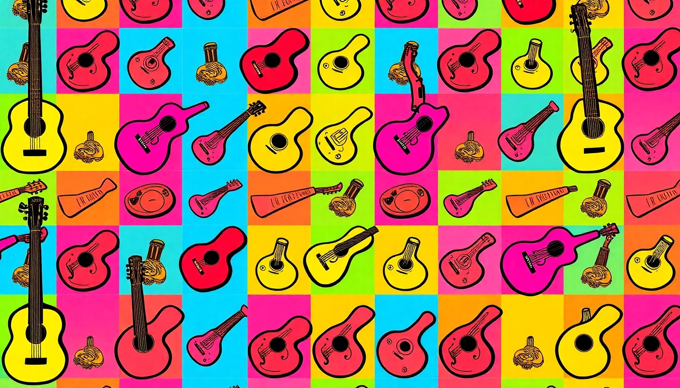 A high-contrast, silkscreen-style grid of a traditional musical instrument, such as a sitar or tabla drum, rendered in bold, neon-bright colors against a stark black background, conceptually representing the multicultural elements of a school event.