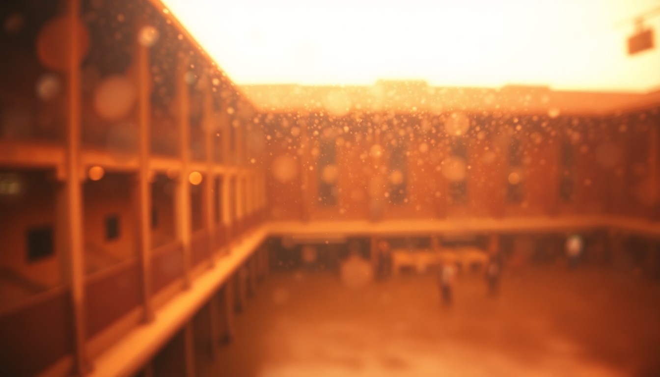 An extremely abstracted, out-of-focus photograph in warm tones depicting the blurred, atmospheric scene of an abandoned jai alai fronton, conveying a sense of nostalgia and the passage of time.