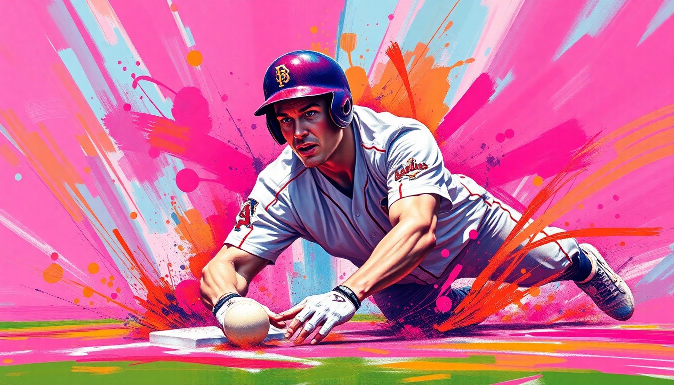 An abstract, expressionist painting in vibrant neon colors depicting the dynamic movement of a baseball player sliding into home plate, the player's form dissolving into energetic brushstrokes.
