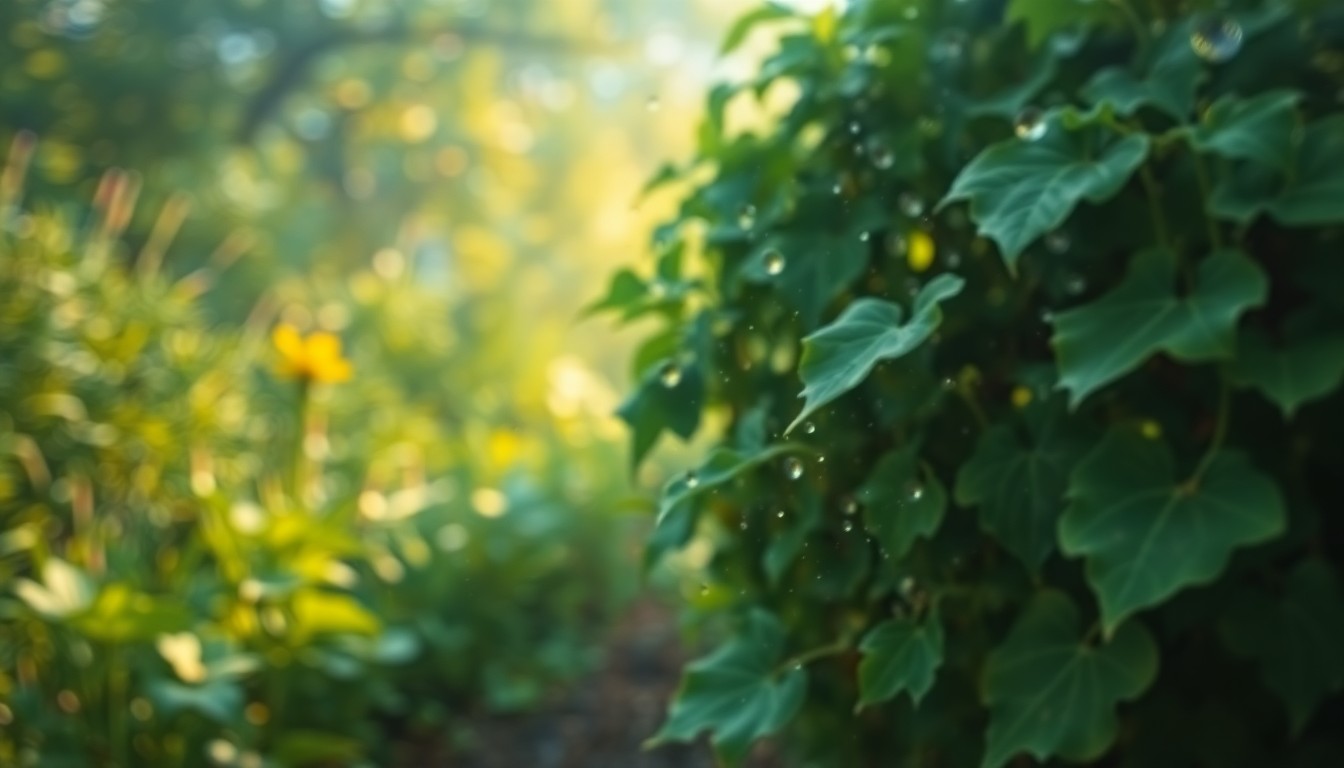 An abstract, impressionistic scene of blurred, colorful sweet potato leaves and vines in soft, warm light, conveying the gentle, nurturing process of hardening off plants before planting.