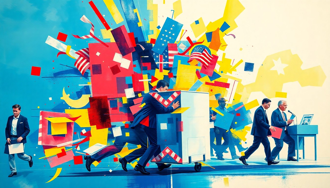 A dynamic, abstract painting featuring overlapping, fractured geometric shapes and waves of color representing the motion and energy of election processes, conceptually illustrating the legal battle over voting rights.